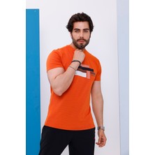 Erkek Kiremit Bisiklet Yaka Baskılı T-Shirt - 170