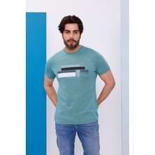 Erkek Yeşil Bisiklet Yaka Baskılı T-Shirt - 170