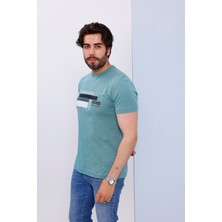 Erkek Yeşil Bisiklet Yaka Baskılı T-Shirt - 170