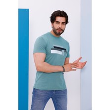 Erkek Yeşil Bisiklet Yaka Baskılı T-Shirt - 170