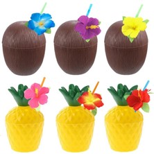 Ananas & Hindistan Cevizi Tasarımlı Pipetli Bardak Seti (6 Adet)