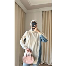 8777 - 2 Iplik Rahat, Salaş Yan Fermuarlı Kot Detaylı Kadın Uzun Sweatshirt