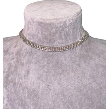 Full Taşlı Üç Sıra Parlak Choker Kolye ve Küpe Seti