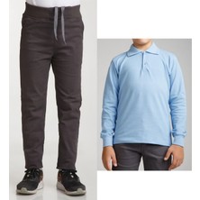 Unisex Çocuk Ribana Bel Keten Füme Okul Pantolonu + Polo Yaka Uzun Kol T-Shirt