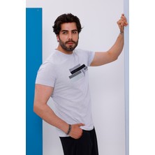 Erkek Beyaz Bisiklet Yaka Baskılı T-Shirt - 170