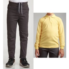 Unisex Çocuk Ribana Bel Keten Füme Okul Pantolonu + Polo Yaka Uzun Kol T-Shirt