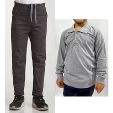 Unisex Çocuk Ribana Bel Keten Füme Okul Pantolonu + Polo Yaka Uzun Kol T-Shirt