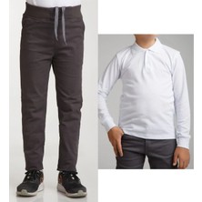 Unisex Çocuk Ribana Bel Keten Füme Okul Pantolonu + Polo Yaka Uzun Kol T-Shirt