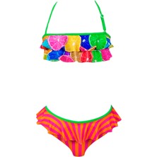 Halter Yaka Renkli Portakal Desenli Bandeau Fırfırlı 50UV Kız Çocuk Bikini Takımı By Nessi Byrd