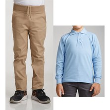 Unisex Çocuk Ribana Bel Keten Bej Okul Pantolonu + Polo Yaka Uzun Kol T-Shirt