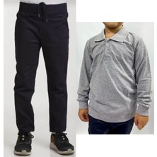 Unisex Çocuk Ribana Bel Keten Siyah Okul Pantolonu + Polo Yaka Uzun Kol T-Shirt