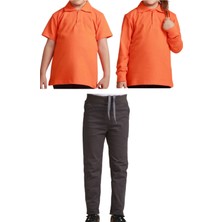 Unisex Çocuk Ribana Bel Keten Okul Pantolonu + Polo Yaka Kısa ve Uzun Kol T-Shirt