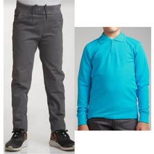 Unisex Çocuk Ribana Bel Keten Gri Okul Pantolonu + Polo Yaka Uzun Kol T-Shirt