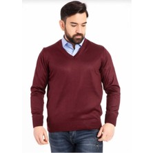 Erkek Ince Yün Triko Örgü Regular Baba V Yaka Kazak