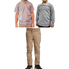 Unisex Çocuk Ribana Bel Keten Okul Pantolonu + Polo Yaka Kısa ve Uzun Kol T-Shirt