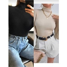 Yakalaa Unisex Pamuklu Balıkçı Yaka Kazak 2li Paket Siyah-Bej Renk Slimfit Tasarım