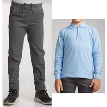 Unisex Çocuk Ribana Bel Keten Gri Okul Pantolonu + Polo Yaka Uzun Kol T-Shirt