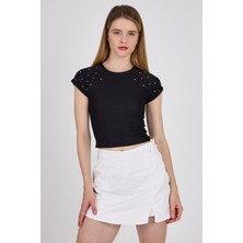 Siyah Omuz Boncuk Detaylı Slim Fit Crop Tişört 9208M