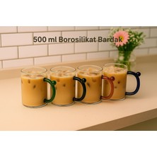 4'lü 500 ml Borosilikat Cam Bardak | Meşrubat Bardağı Kahve Bardağı | Renkli Kulplu Cam Bardak