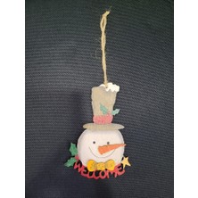 Hasır Ipli Asmalık Ahşap Kardan Adam Welcome 12CM Havuç Burunlu Şapkalı 1 Adet