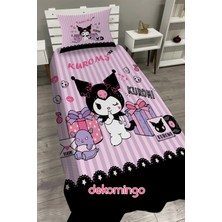 Siyah Pembe Şeritli Kuromi Bebek ve Çocuk Odası Pike Takımı