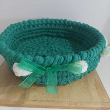 El Yapım Örgü Sepet Ponponlu Yeşil 18X5CM Fiyonklu Havluluk Banyoluk 1 Adet