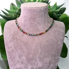 Tek Sıra Renkli Taşlı Şık Trend Kolye ve Küpe Seti