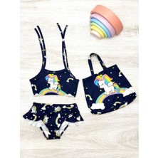 Cg Kids Kız Çocuk Unicorn Baskı Detaylı Plaj Çantası Hediyeli Bikini Alt Üst Takım