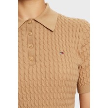 Tommy Hilfiger Pamuklu Regular Fit Düğmeli Polo Yaka Kısa Örme Kazak Bayan Kazak WW0WW43957 Rbc