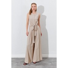 Kadın Koyu Bej Kolsuz Kuşak Bağlamalı Double Paça Tulum