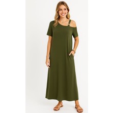 Kadın Tek Omuzdan Açık Yandan Yırtmaçlı Maksi Boy Viskon Elbise (Büyük Bedenleri Mevcuttur)