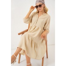 Arben Boutique Düğmeli Kısa Kol Elbise 2559 - Krem