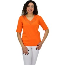 Kadın Yarım Kol V Yaka Yaka Sırt Detaylı Triko Tişöt 12837 BGL-ST04658