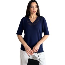 Kadın Yarım Kol V Yaka Yaka Sırt Detaylı Triko Tişöt 12837 BGL-ST04658