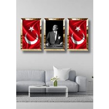 3'lü Gold Pleksi Çerçeveli Tablo Seti Atatürk ve Türk Bayrağı Salon Oturma Yatak Çocuk Odası Ofis Antre Için Duvar Dekoru