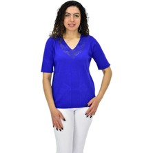 Kadın Yarım Kol V Yaka Yaka Sırt Detaylı Triko Tişöt 12837 BGL-ST04658