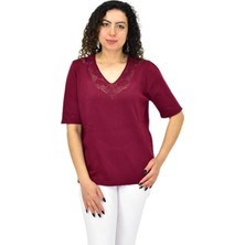 Kadın Yarım Kol V Yaka Yaka Sırt Detaylı Triko Tişöt 12837 BGL-ST04658