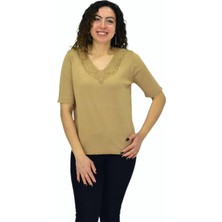 Kadın Yarım Kol V Yaka Yaka Sırt Detaylı Triko Tişöt 12835 BGL-ST04657