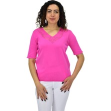 Kadın Yarım Kol V Yaka Yaka Sırt Detaylı Triko Tişöt 12835 BGL-ST04657