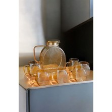 Borosilikat Cam Amber Salyangoz  Desenli 6 Adet Bardaklı Cam Demlik & Sürahi 2000 ml