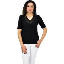 Kadın Yarım Kol V Yaka Yaka Sırt Detaylı Triko Tişöt 12835 BGL-ST04657