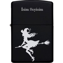 Cadı Desenli Kişiye Özel Isimli Benzinli Siyah Metal Çakmak