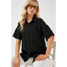 Arben Boutique Kısa Kol Keten Görünümlü Gömlek 20336 - Siyah