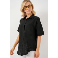 Arben Boutique Kısa Kol Keten Görünümlü Gömlek 20336 - Siyah