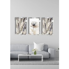 Pleksi Çerçeveli Modern Beyaz Çiçekli 3lü Tablo Seti Salon Oturma Yatak Odası Ofis Antre Için Duvar Dekoru