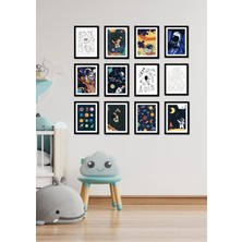 12 Parça Siyah Çerçeve Görünümlü Space Duvar Dekoru Salon Oturma Yatak Çocuk Odası Için Tablo Seti
