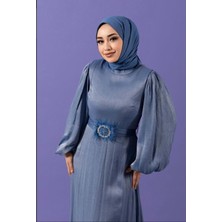 25Y3007 Elbise Janjan Kumaş Balon Kol Beli Tüy Tokalı Kemerli - Stilife - 25Y3007 - Mavi - 36