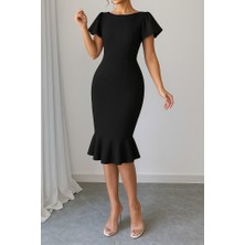 Arben Boutique Kadın Kısa Kollu Yuvarlak Yaka Pileli Janjan Krep Elbise