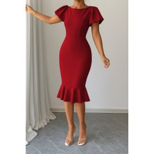 Arben Boutique Kadın Kısa Kollu Yuvarlak Yaka Pileli Janjan Krep Elbise