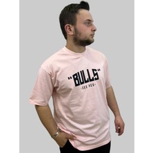 Erkek Chicago Yuvarlak Yaka Oversize Arka Baskılı Pudra Tişört